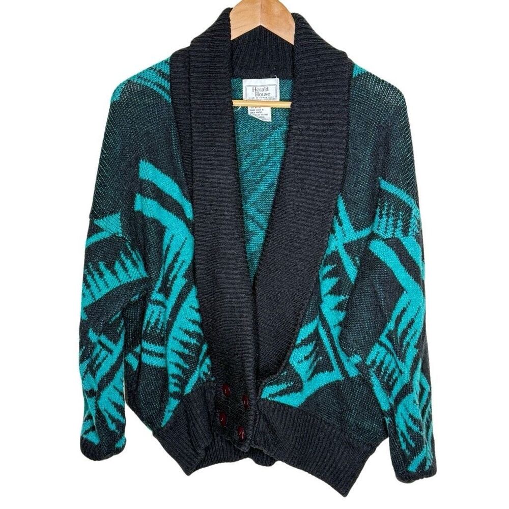 Vintage Herald House Blue Long Sleeve Cardigan Sweater Size M Ribbed Knit Comfy